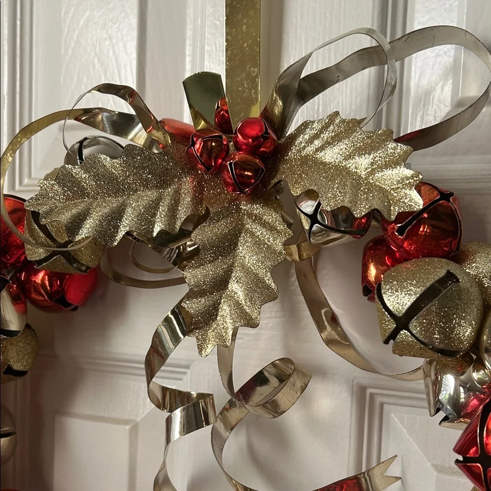 Festive Gold and Red Holiday Metal Bells 🔔 Wreath